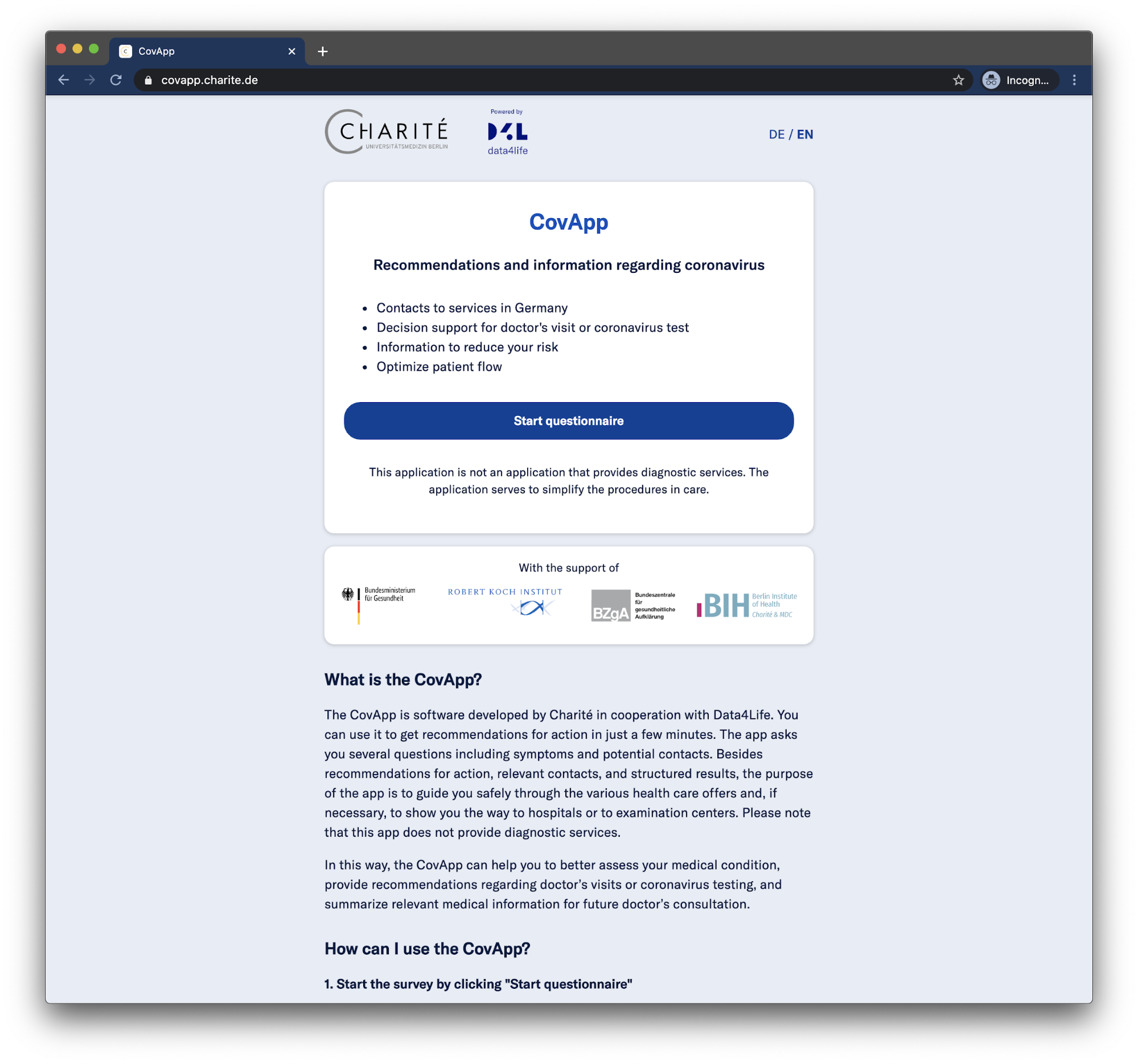 covapp landing page screenshot